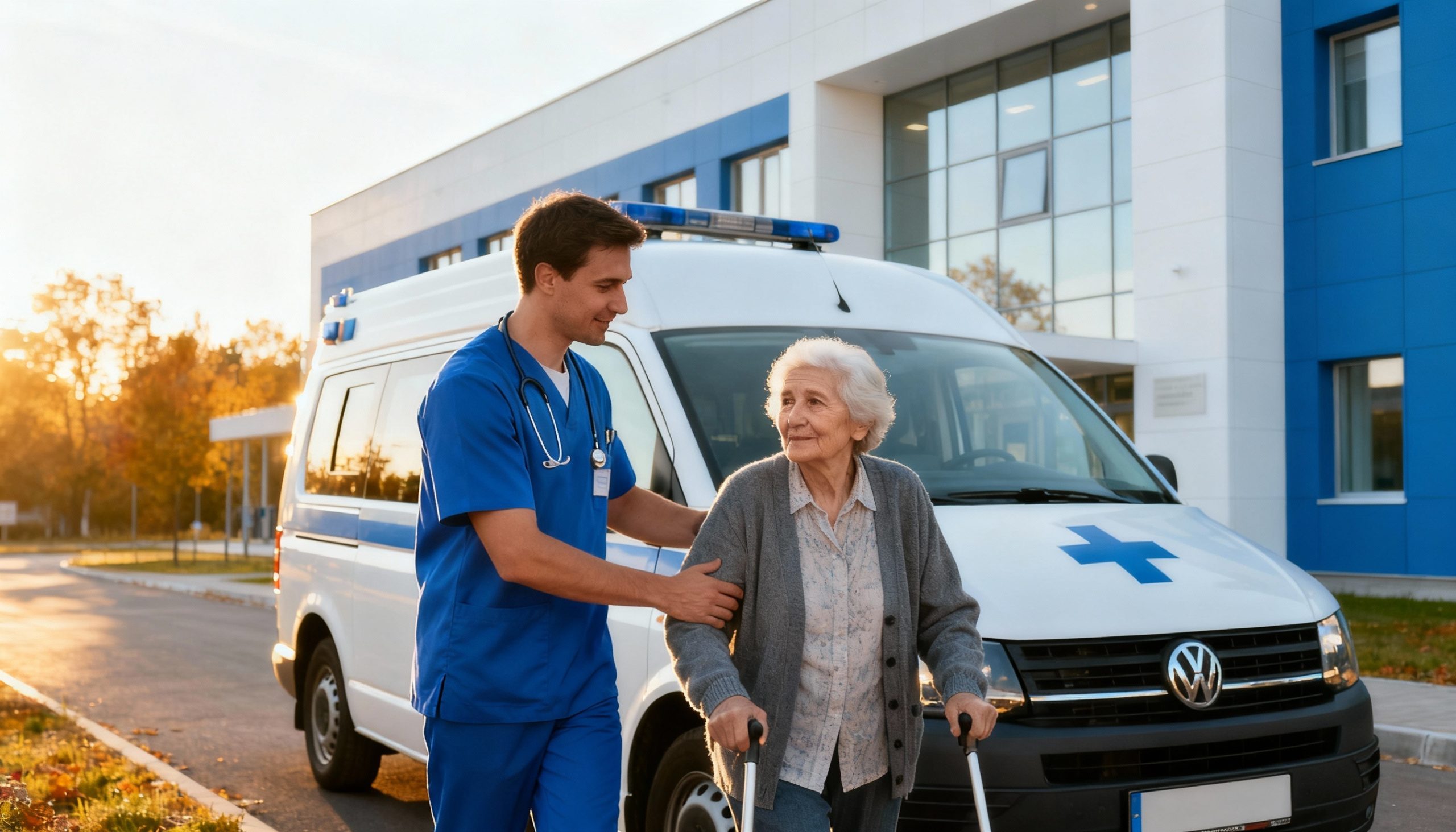 Medical professional helping an elderly woman to an appointment at a facility in Galveston, TX